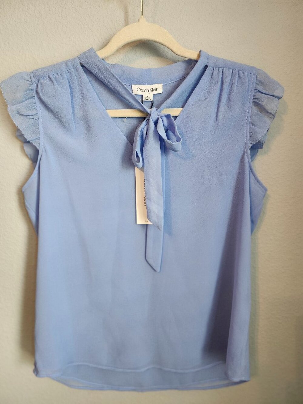 Calvin Klein Blue Tie Neck Ruffle Sleeve Blouse Size S NWT